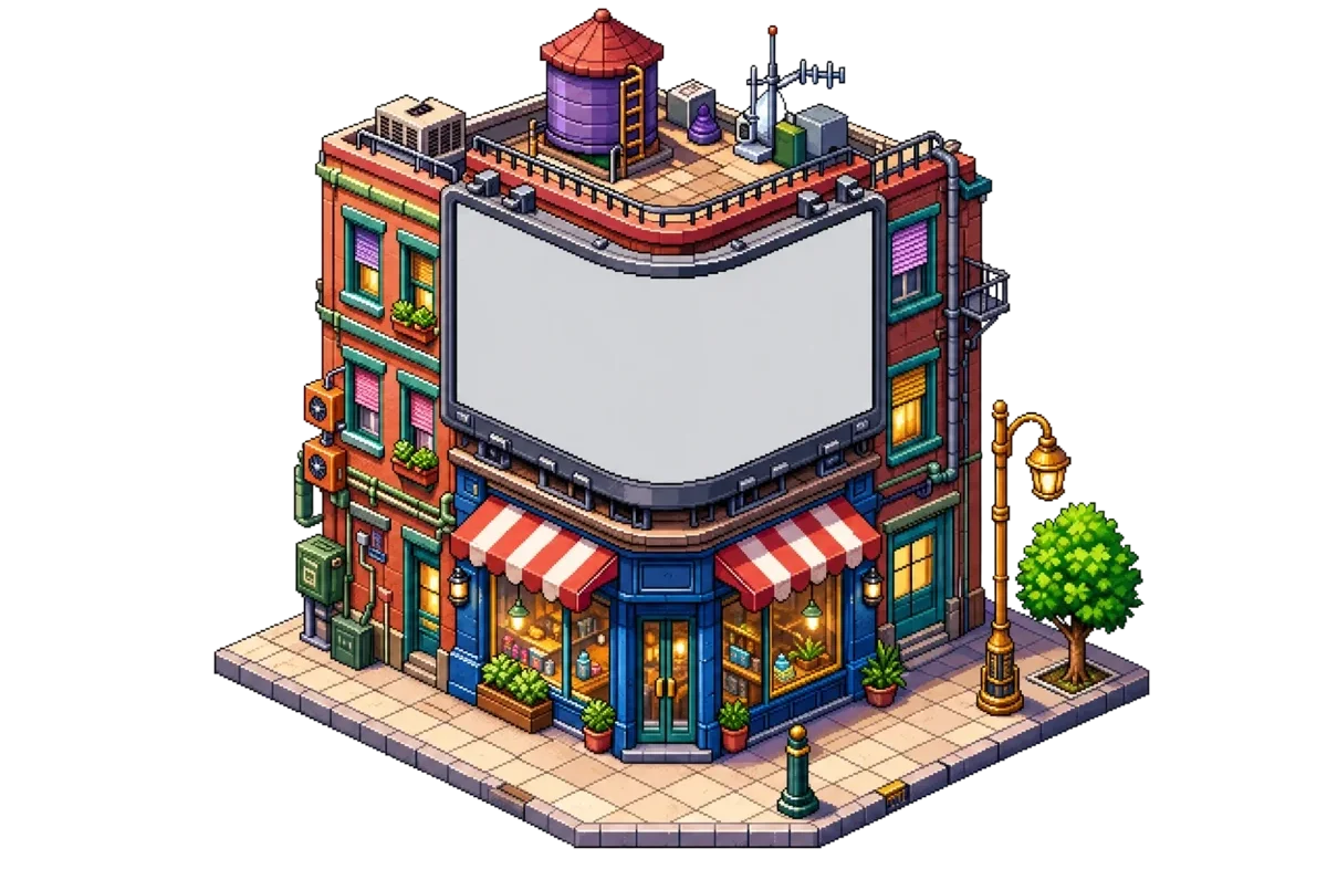 A corner screen on a building, pixel art
