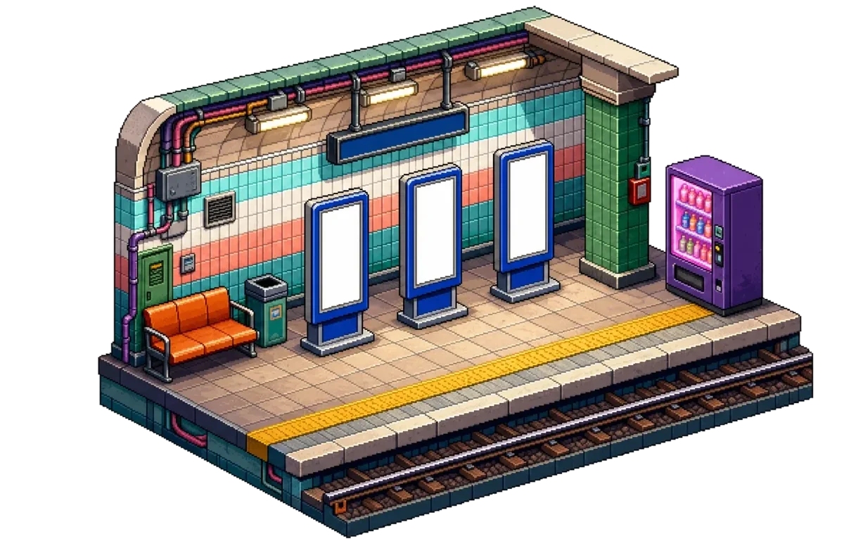 Flat screens on a metro platform, pixel art