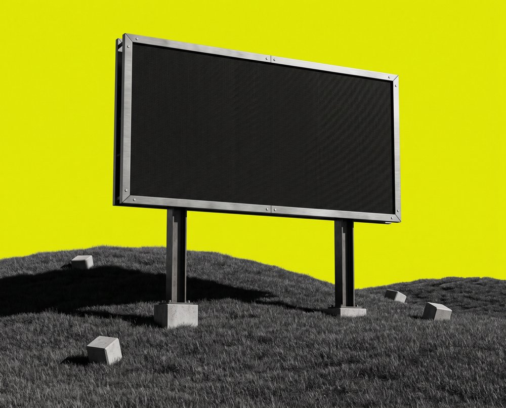 A giant billboard with a steel frame on a dark hill under a yellow sky