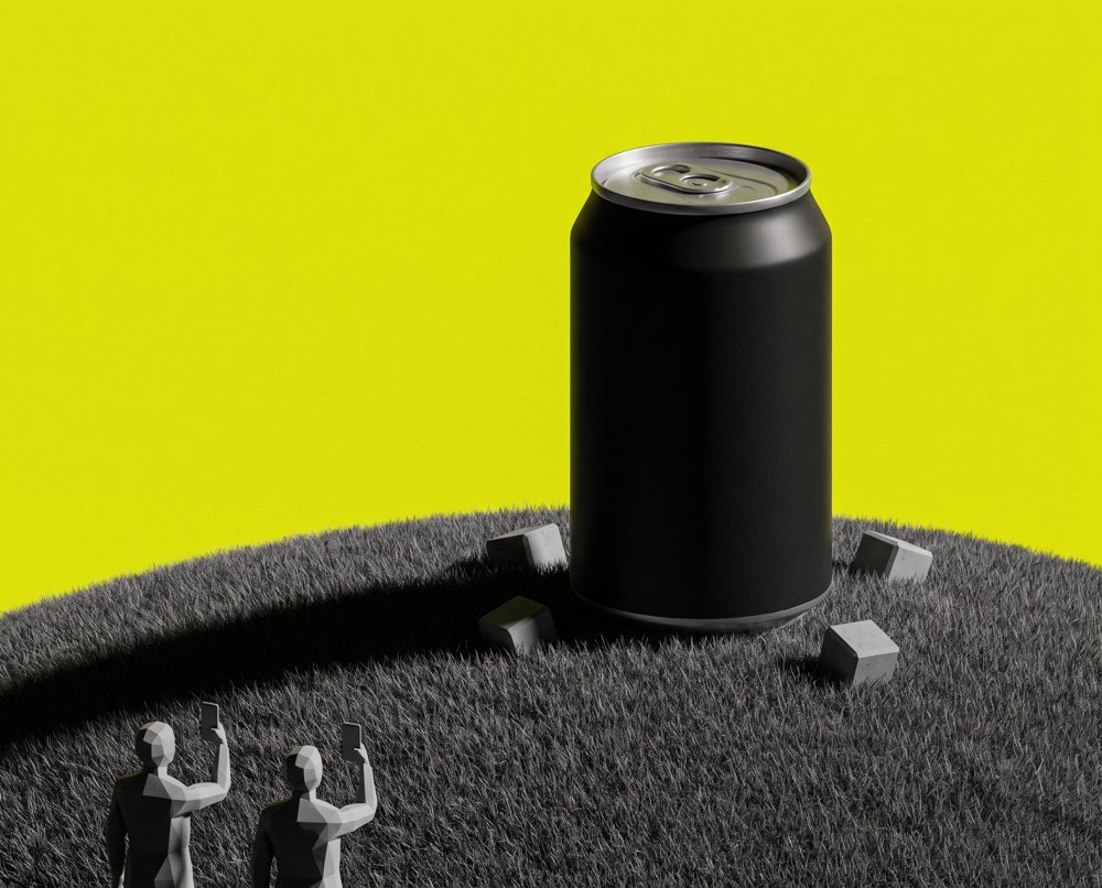 A giant black soda can on a dark hill under a yellow sky, filmed by two small figures
