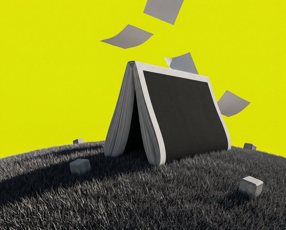 A giant folded newspaper on a dark hill under a yellow sky, pages flying