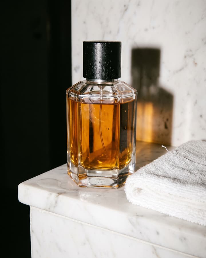 A perfume bottle on a marble hotel sink