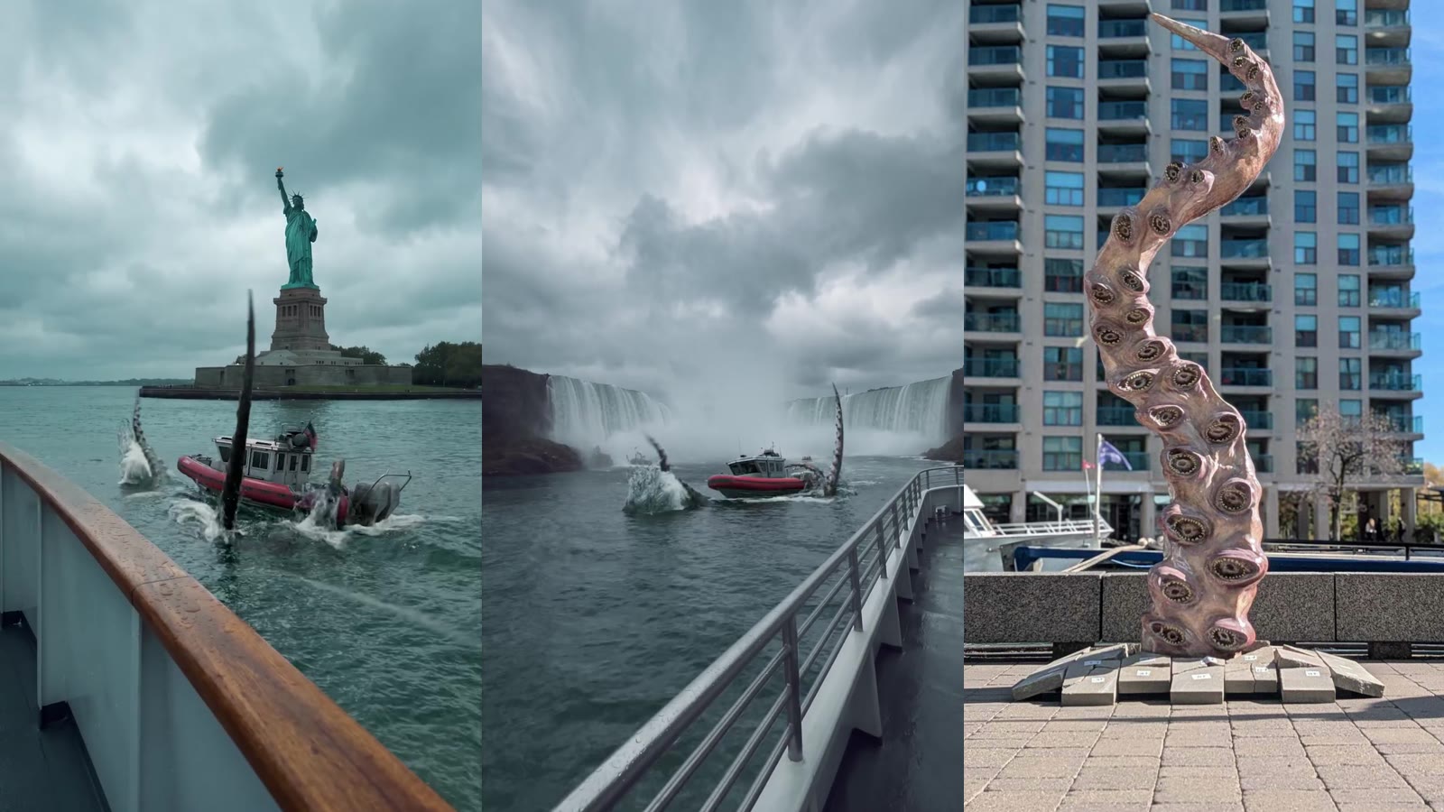A tentacle beside a patrol boat in front of the Statue of Liberty, a boat between two tentacles under the Horseshoe Falls, and the printed tentacle on Toronto's waterfront