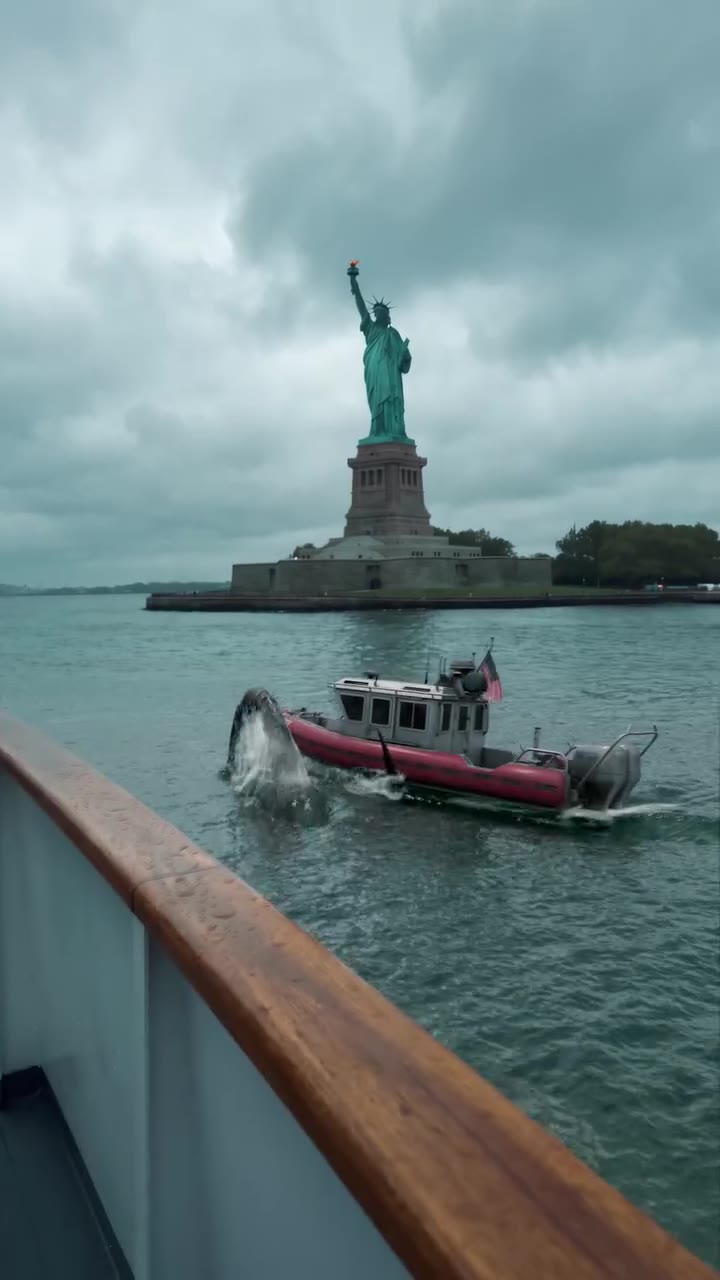 A tentacle rising out of the water next to a red patrol boat, the Statue of Liberty behind