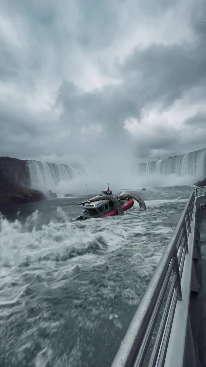 The patrol boat caught by the tentacles in white water under the Horseshoe Falls