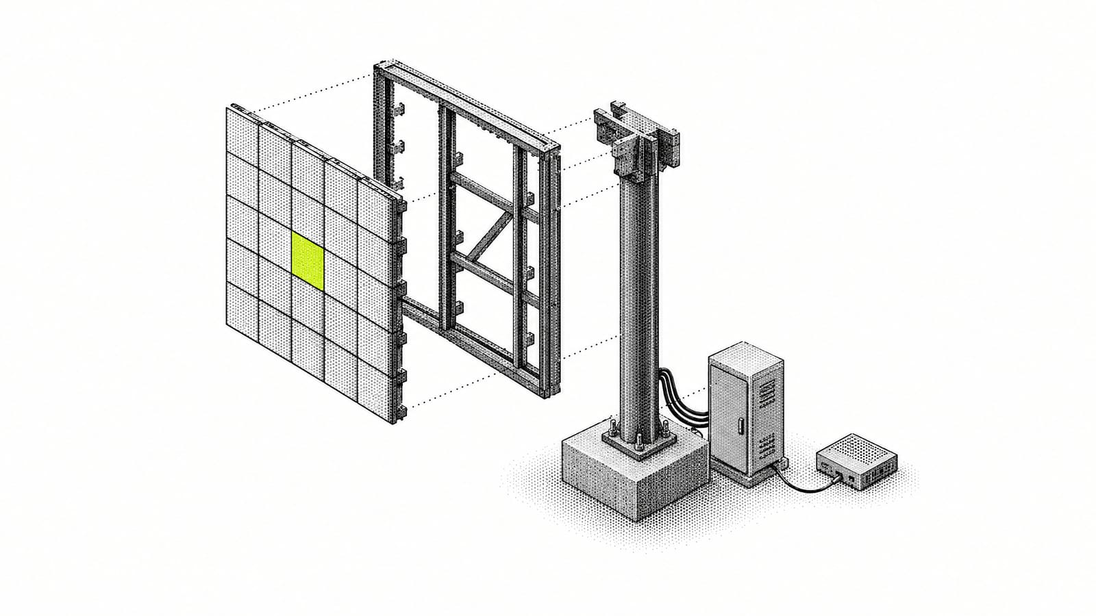 Illustration: an exploded view of a roadside digital billboard, LED panel modules, steel frame, pole on a concrete footing, power cabinet and media player