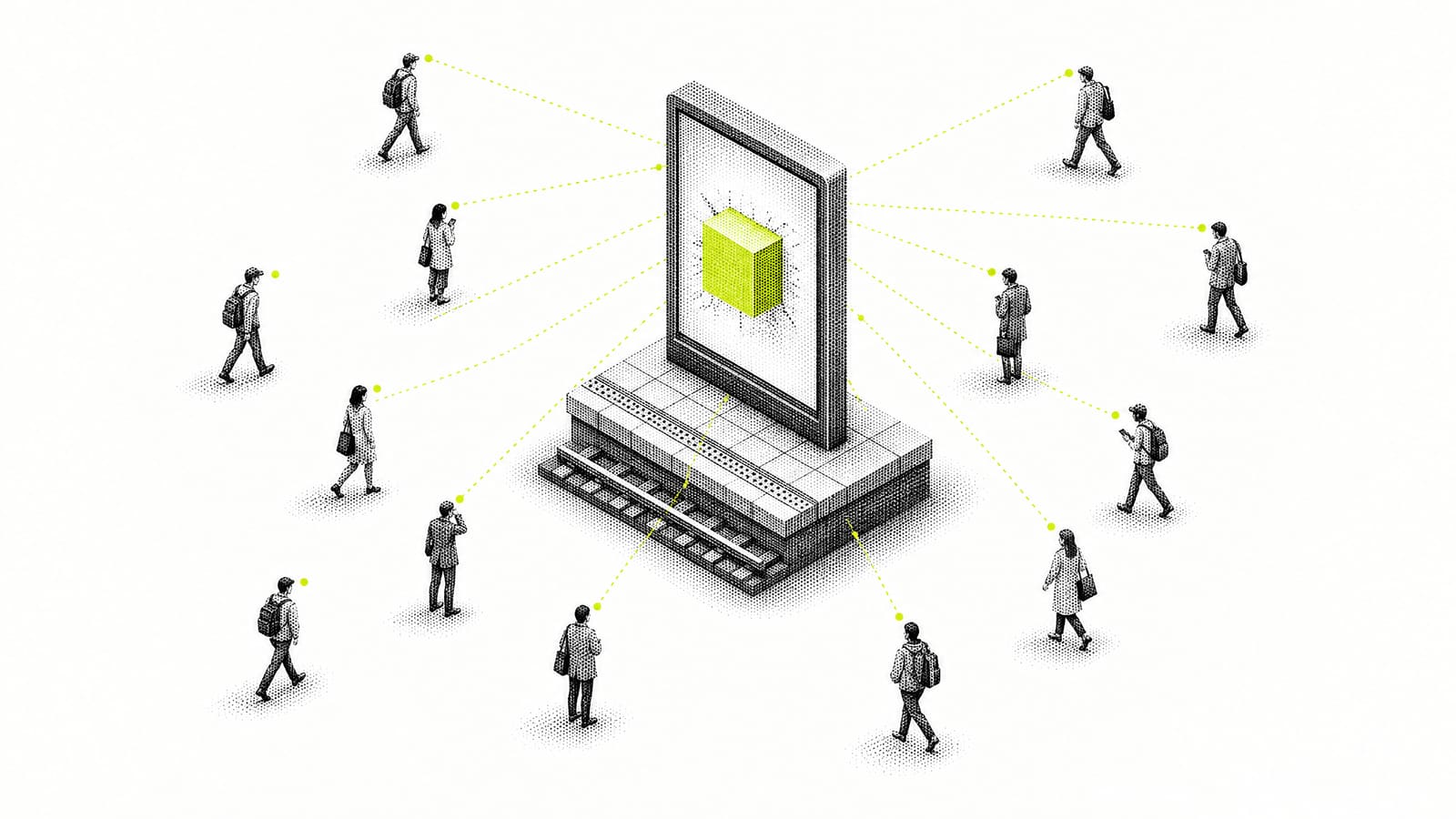 Illustration: one digital screen on a plaza with many people around it, dotted sight lines from those who look at it, each counted as an impression