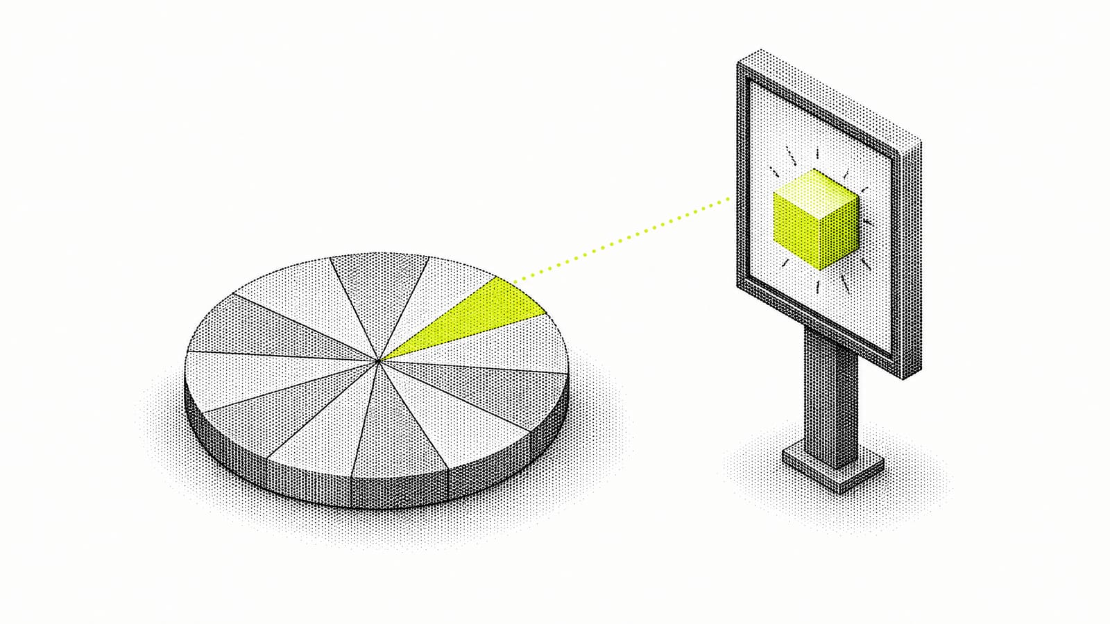Illustration: a DOOH loop drawn as a dial cut into equal ad slots, one slot highlighted in yellow and linked to a digital screen