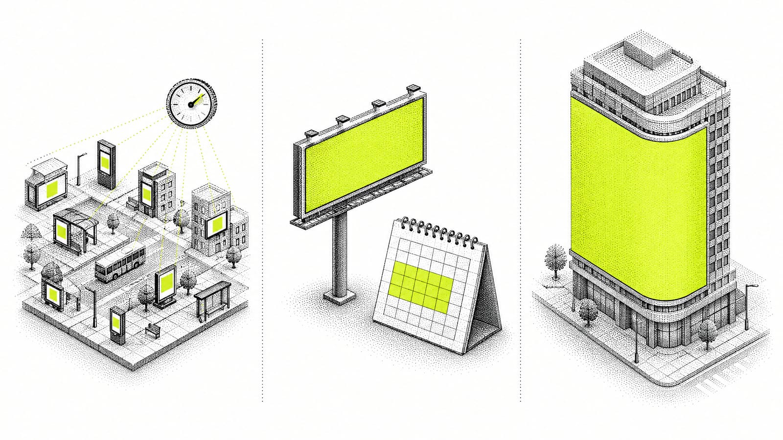 Illustration: three ways to buy DOOH, many small city screens linked to an impression counter, one roadside billboard next to a four-week calendar, and a giant curved screen fully lit for one advertiser