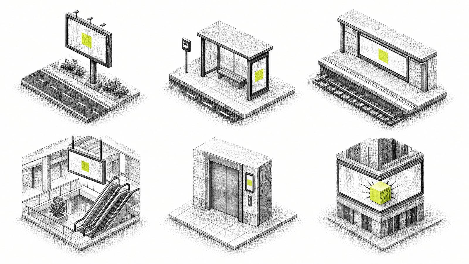 Illustration: six DOOH screen families, a roadside digital billboard, a digital bus shelter, a station screen, a mall screen above an escalator, an elevator screen and a corner screen with a 3D cube