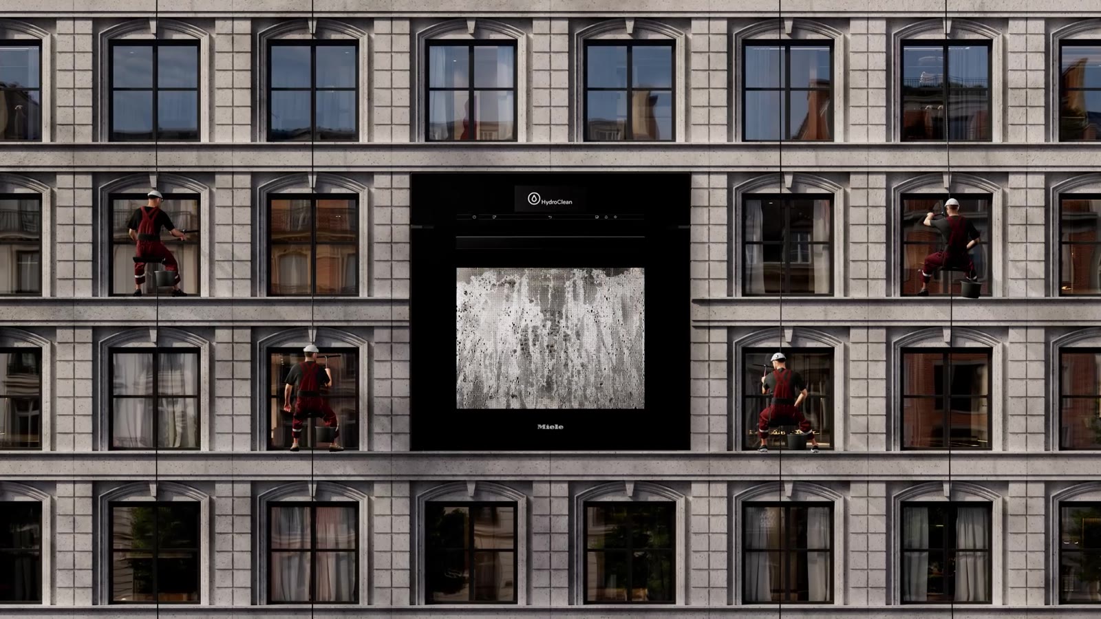 The CGI facade with the oven in the middle and workers at the windows