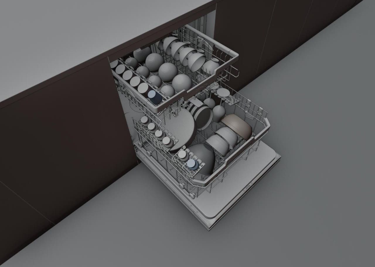 Clay render of an open Miele dishwasher, both racks loaded with bowls and plates in grey