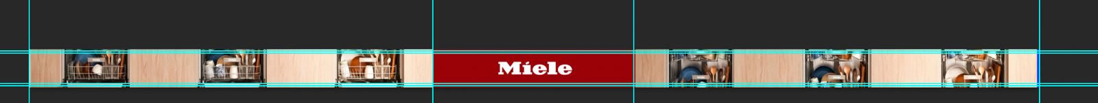 Layout mock-up of the wall: six panels with three dishwashers, the red Miele logo block in the centre, the same six panels mirrored on the right