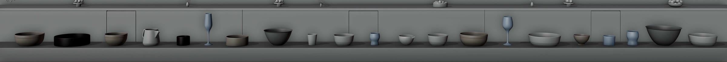 Clay render of the tableware along the wall: bowls, jugs, cups and glasses in grey, before materials