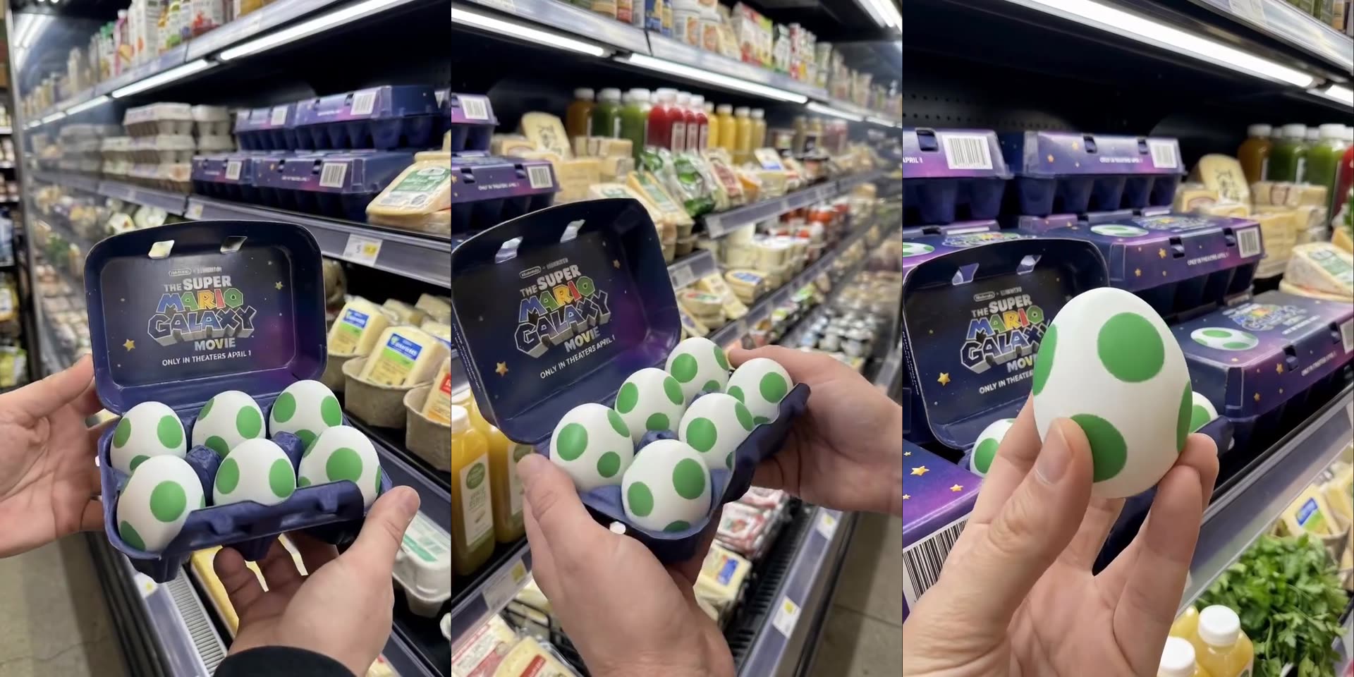 Drie frames uit de film: een doos Yoshi-eieren geopend in een supermarktgang, de eieren in de hand, één ei omhooggehouden voor een schap vol dozen