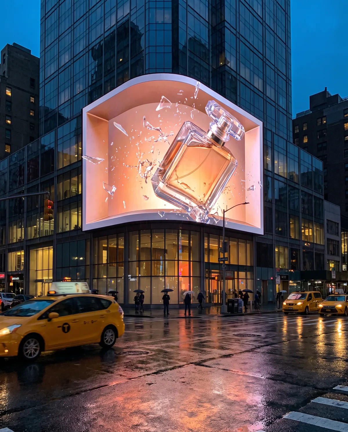 A perfume bottle bursting out of a curved corner screen in New York