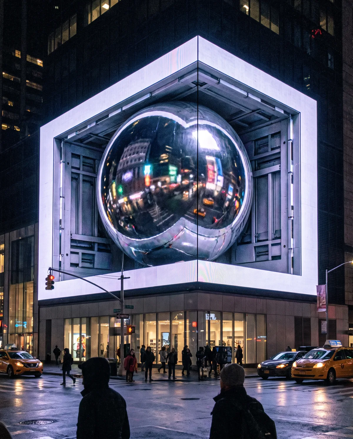 A chrome sphere inside a corner screen in New York
