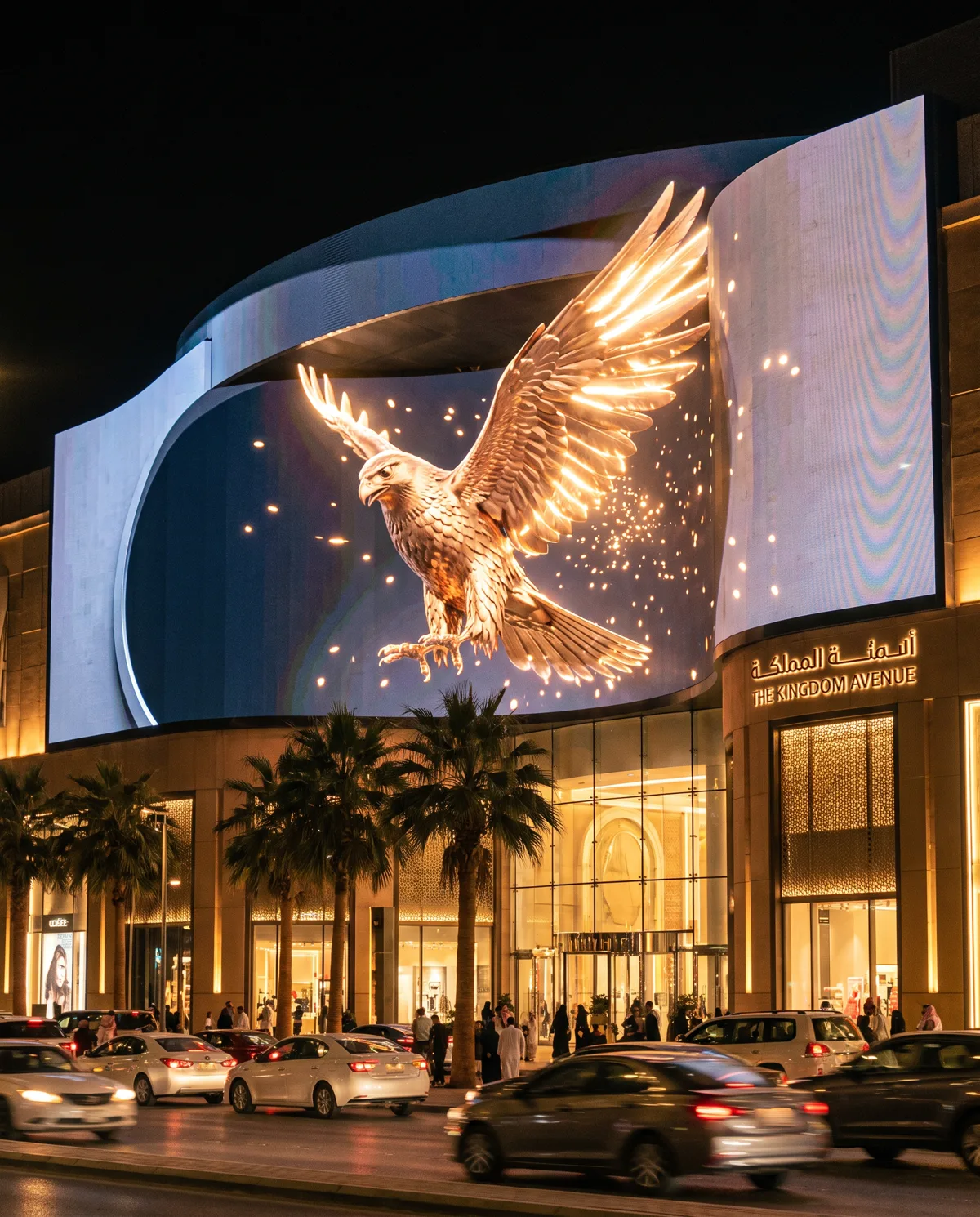 A golden falcon flying out of a curved mall screen in Riyadh