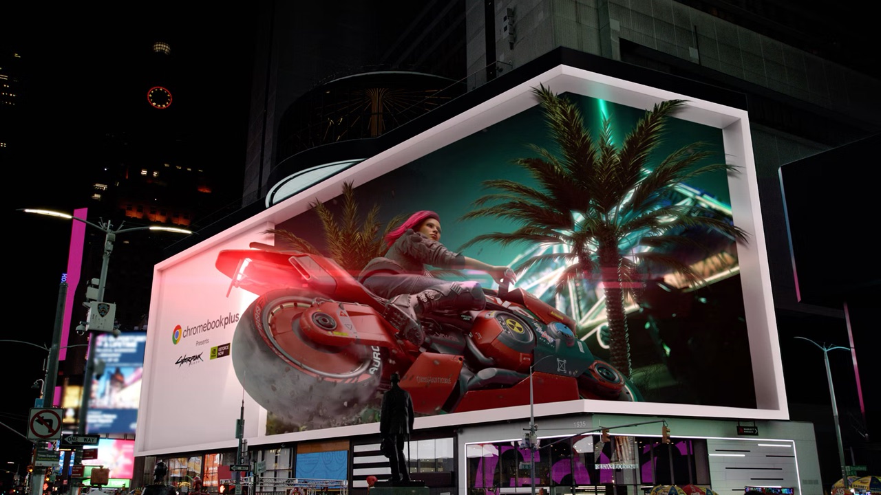 An anamorphic 3D motorbike riding out of a corner screen in Times Square, New York