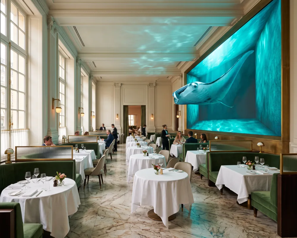 A manta ray glides out of an LED wall into a bright luxury restaurant