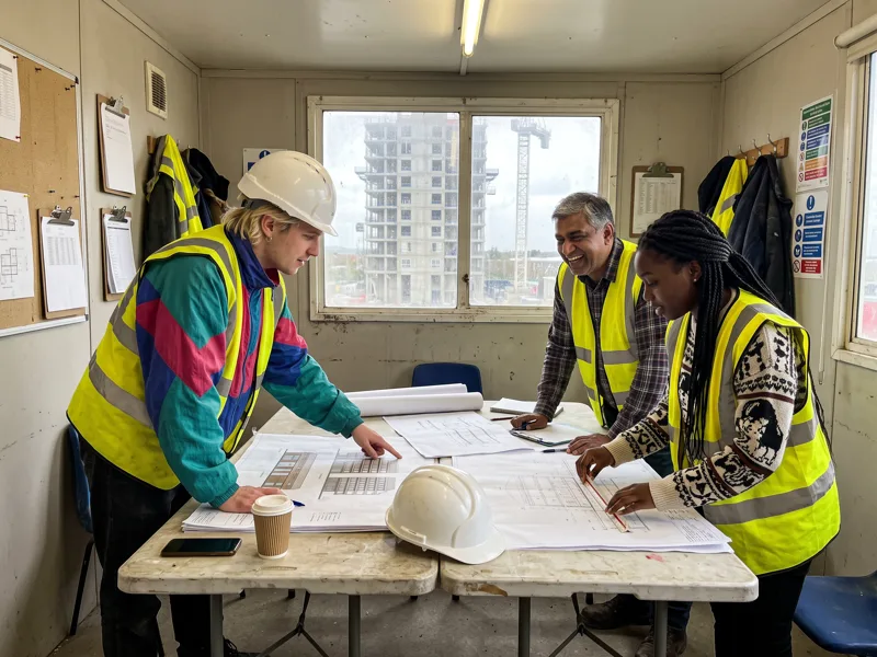 The team works on the architect's plans in a site cabin