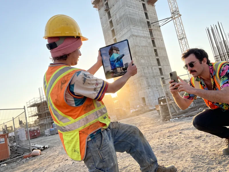 A CGI preview of the finished facade on a tablet, held up at the building site