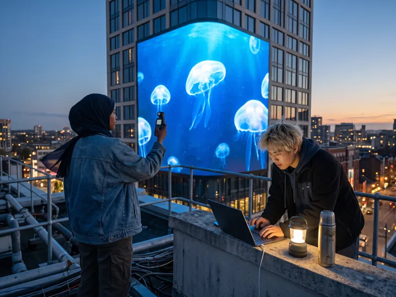 The team sets the brightness of an LED facade at dusk from a rooftop