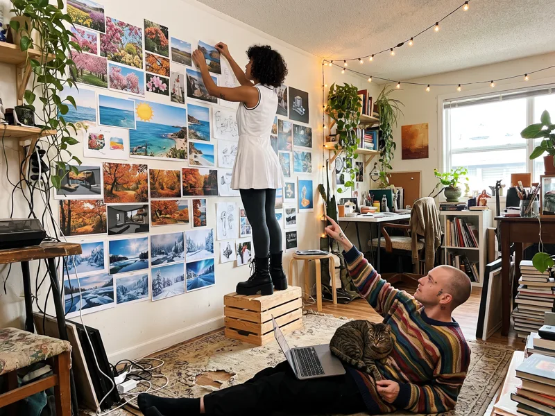 The team pins seasonal scenes on a moodboard wall in the studio