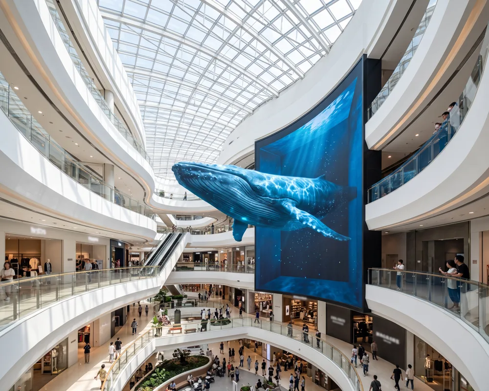 A blue whale swims out of a curved screen into a shopping mall atrium