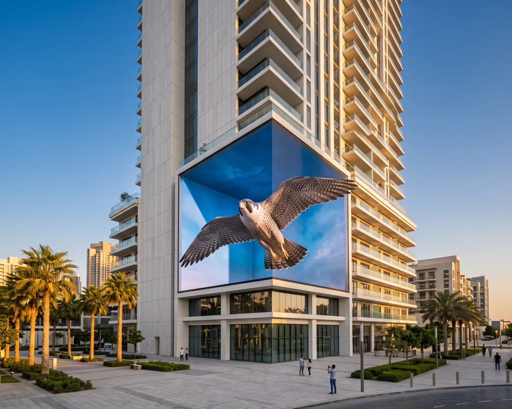 A falcon spreads its wings out of the LED corner of a white residential tower at golden hour