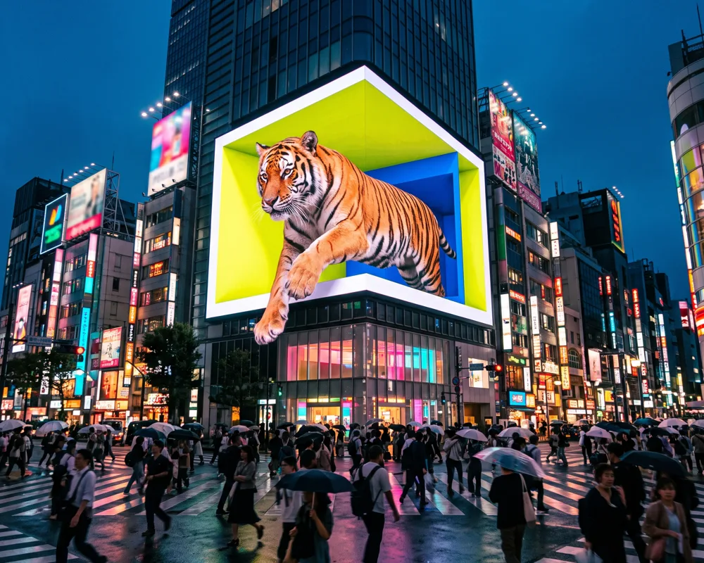 A tiger leaps out of a corner screen above a Tokyo crossing at dusk