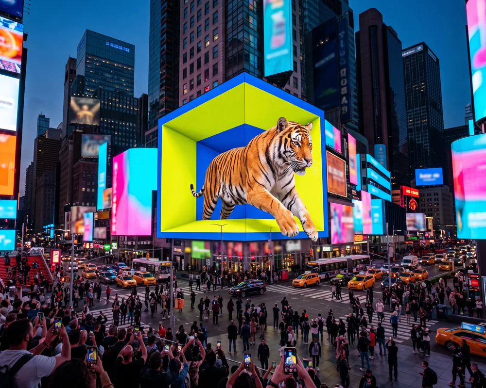 A New York corner screen at night with a tiger leaping out over the street