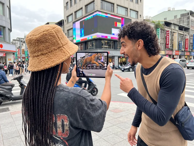 A preview of the 3D illusion on a tablet, held up in front of the real billboard