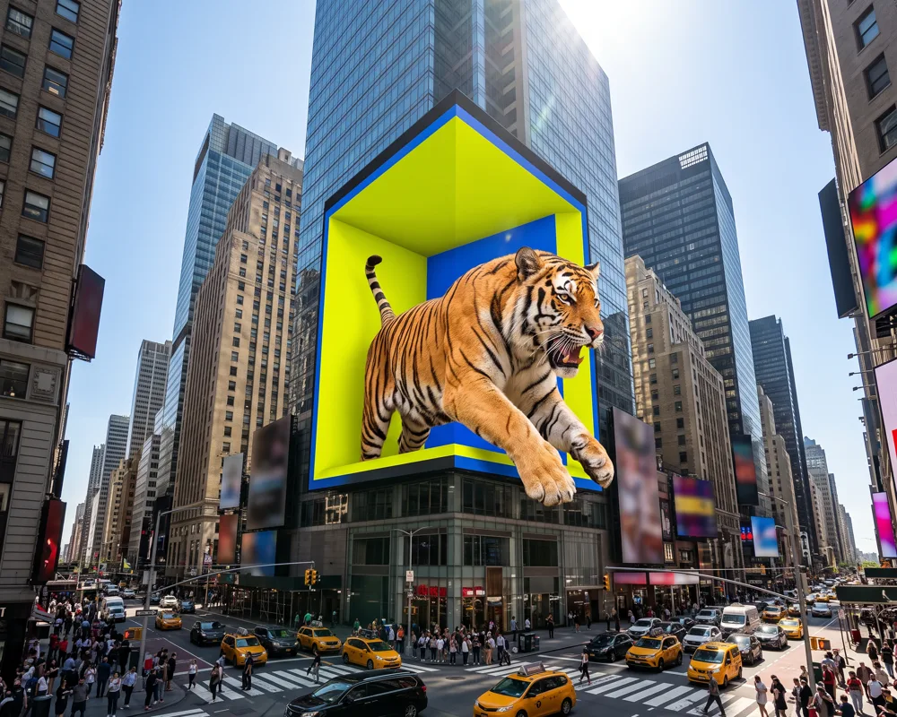 A corner screen above a New York avenue on a sunny day, a tiger stepping out over the traffic