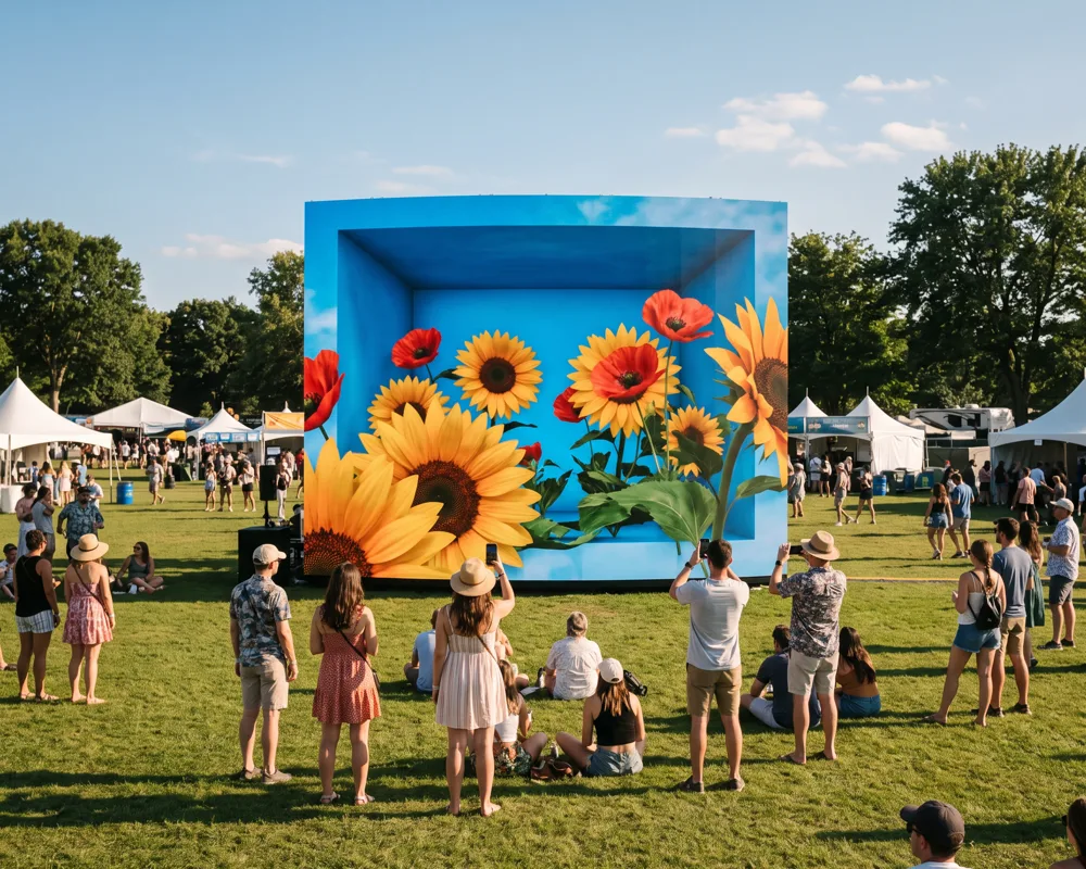 Giant sunflowers bloom out of an LED wall on a festival lawn
