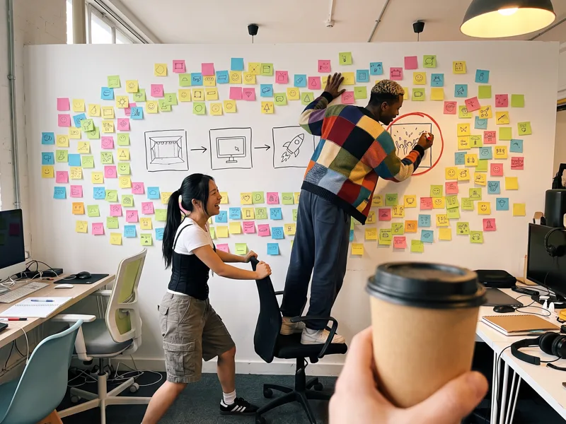 The team plans the show backwards on a wall of sticky notes