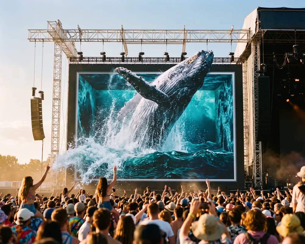 A whale breaches out of the LED wall of a festival stage above the crowd