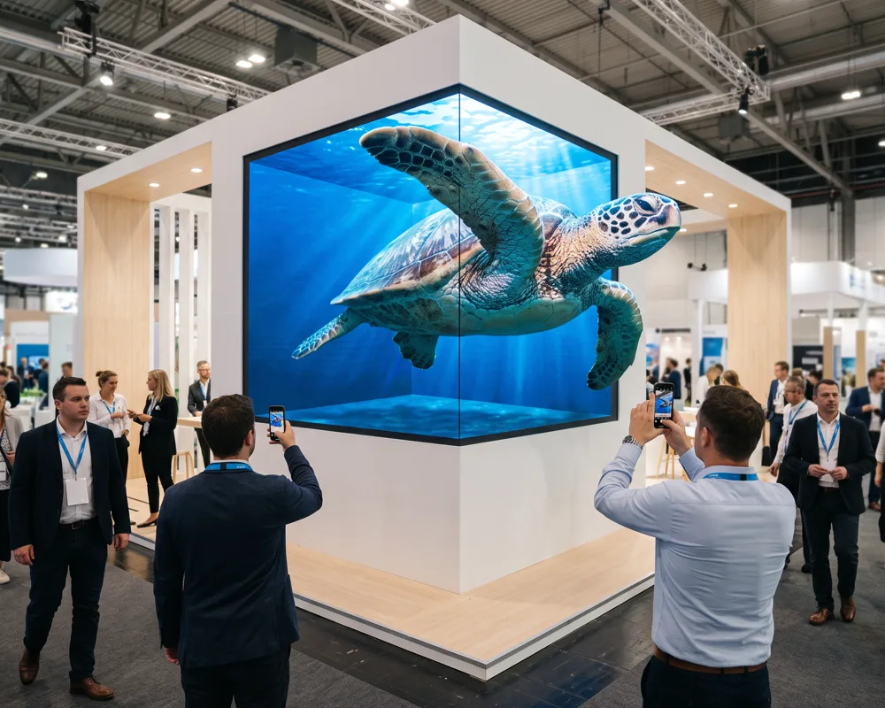 A sea turtle swims out of the corner screen of a trade show stand, visitors filming
