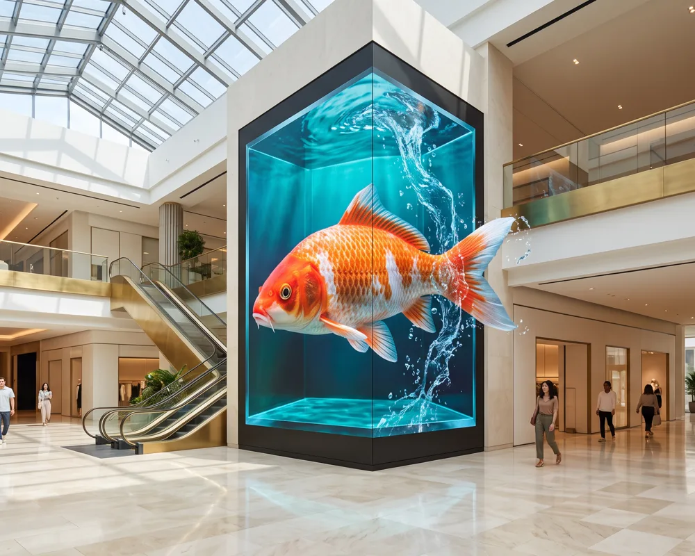 A giant koi swims out of a corner screen in a department store atrium