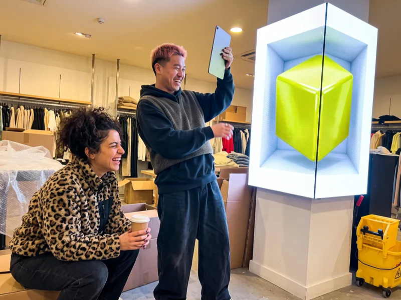 The team checks a 3D test cube on an in-store corner screen from a few metres away
