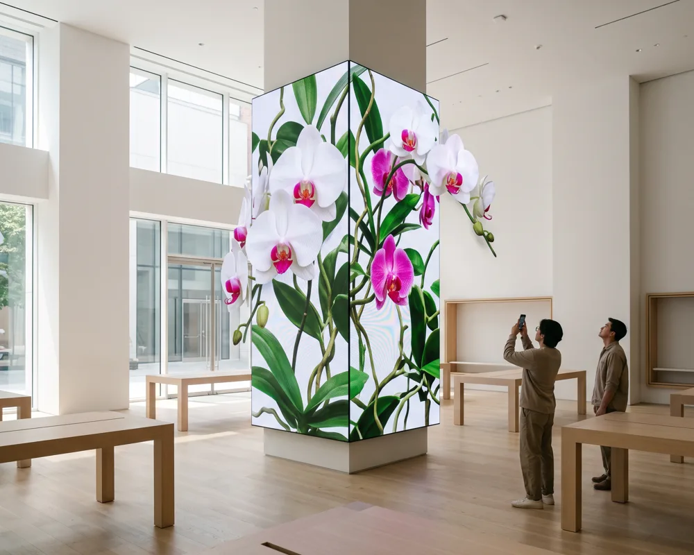 Giant orchids grow out of a screen column in the middle of a bright concept store