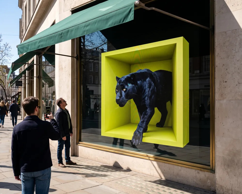 A black panther steps out of an acid yellow box in a boutique window